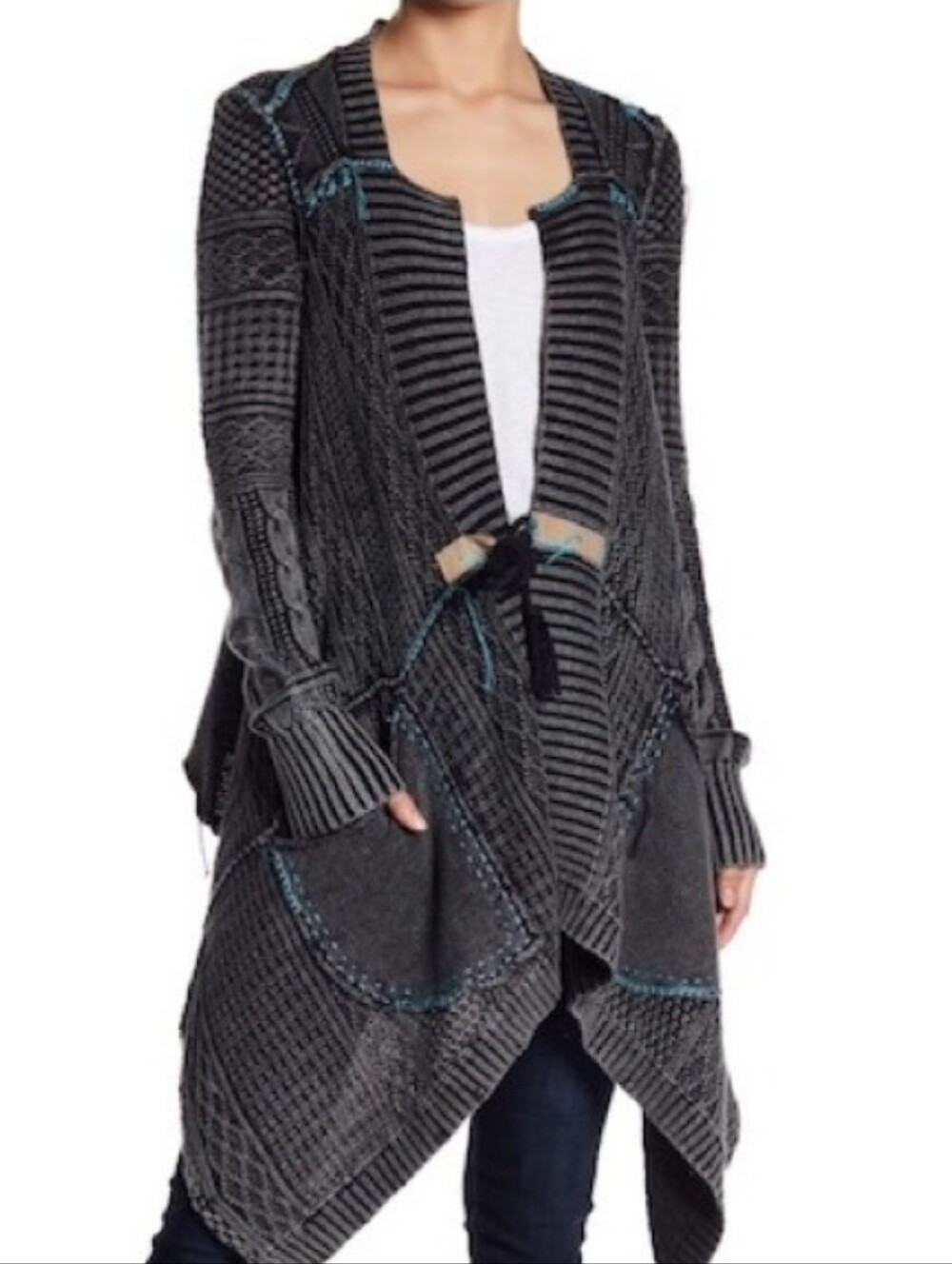 Free People All Washed Out High Low Cascading Waterfall Boho Cardigan Black Med